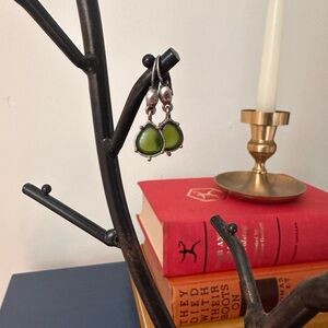 Silver lever-back green drop earrings